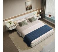 Sapgaks Lit 160x200 avec Lattes et tête,lit Coffre avec 2 Tables de Nuit LED et Prise USB,lit 2 Personnes avec Rangement,Cadre de Double,Ensemble en chêne Blanc(sans Matelas)