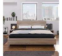 Sapgaks Lit 160x200 avec Sommier et 2 Tables de Chevet, Lit Coffre 160x200 avec Tete en Chêne, Double avec à Lattes 2 Personnes, Cadre de Bois (sans Matelas)