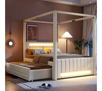 Sapgaks Lit 2 Places 140x200,lit avec Rangement,lit LED,Couchage à baldaquin capitonné avec Couchage gigogne et Trois tiroirs,éclairage LED Beige,avec rangements,en pin Massif,rangements intégrés