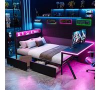 Sapgaks Lit 2 Places 140x200,lit avec Rangement,lit LED,Couchage Gaming Enfant avec Bureau,avec LED,2 tiroirs,tête intégrée LED,Bureau LED,Structure métal Noire,avec rangements,rangements intégrés