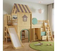 Sapgaks Lit cabane Enfants 90x200cm,Lit Mezzanine Enfant avec Toboggan, lit superposé Enfant,avec Compartiments de Rangement,Armoire à tiroirs et penderie,pin+MDF,Naturel+Vert