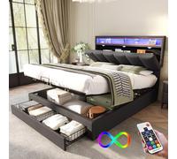 Sapgaks Lit Coffre 140 x 190 avec LED,Cadre de lit 1 Personne avec sommier à Lattes,avec tiroirs et Compartiments de Rangement,tête de lit escamotable en Mousse,avec Cadre en Acier,Lin,Gris