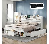 Sapgaks Lit Coffre 140x200 avec tiroirs et USB et Espace de Rangement au Bout,lit 1 Personne 140x200 avec sommier et Espace de Rangement,Cadre de lit Adulte,Blanc