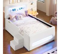 Sapgaks Lit Enfant 90 x 200 cm avec Bandes LED,Port USB,escalier,tiroirs,Poches de Rangement,Cadre de lit 1 Personne,PU,Blanc
