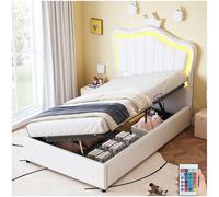 Sapgaks Lit Enfant 90x200 cm avec éclairage LED, lit Coffre avec Espace de Stockage hydraulique,lit 1 Personne avec sommier à Lattes et Tête de lit réglable en Hauteur,Similicuir,Blanc