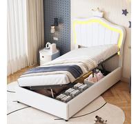 Sapgaks Lit Enfant 90x200 cm avec Tête de Lit Réglable Design Couronne, Éclairage LED, Rangement Hydraulique pour 1 Personne, PU, Blanc (Matelas Non Inclus)