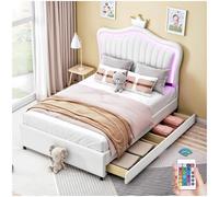 Sapgaks Lit Enfant avec 2 tiroirs de Rangement et Lampes LED,lit cabane Enfants 90 x 200 cm, Cadre de lit 1 Personne avec sommier à Lattes et Dossier,PU,Blancs (Matelas Non Inclus)