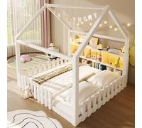 Sapgaks Lit Enfant avec éclairage LED,barrière de sécurité,Compartiments de Rangement Ouverts,lit cabane Enfants 140x 190 en pin,Cadre de lit 140 x 190 avec sommier à Lattes (Blanc 140x190)