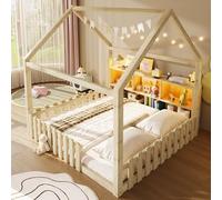 Sapgaks Lit Enfant avec éclairage LED,barrière de sécurité,Compartiments de Rangement Ouverts,lit cabane Enfants 140x 190 en pin,Cadre de lit 140 x 190 avec sommier à Lattes (Naturel 140x190)