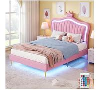 Sapgaks Lit Enfant avec Lampes LED,Double Couronne Blanche en Cuir PU,lit cabane Enfants 90 x 200 cm,lit 1 Personne avec sommier à Lattes et Dossier,Rose (Matelas Non Inclus)
