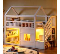 Sapgaks Lit Enfant Simple en Bois 90x200 cm avec escalier de Rangement, éclairage LED,lit mi Hauteur,Cadre de lit cabane Enfants 90x 200 avec sommier,Blanc