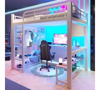 Sapgaks Lit Mezzanine 1 Place 140×200 cm,lit superposé Enfant métal,lit Enfant avec Barriere avec Bande Lumineuse LED,lit Mezzanine escalier,Bureau en Bois, étendoir à Linge (Blanc,140 * 200)