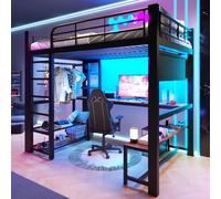 Sapgaks Lit Mezzanine 1 Place 140×200 cm,lit superposé Enfant métal,lit Enfant avec Barriere avec Bande Lumineuse LED,lit Mezzanine escalier,Bureau en Bois, étendoir à Linge (Noir,140 * 200)