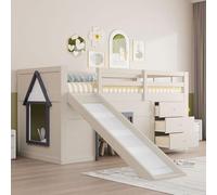 Sapgaks Lit Mezzanine Enfant Bas 90 x 200 avec Toboggan,Lit superposé Enfant avec Trois tiroirs et Deux Portes,lit Enfant avec Barriere, Couleur crème