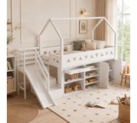 Sapgaks Lit mi Hauteur 90x200 avec Toboggan,escalier,tiroirs et casier,lit cabane Enfant,Cadre de lit Enfant Multifonctionnel,Bois Massif,Blanc