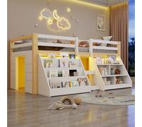 Sapgaks Lit mi Hauteur 90x200cm avec Bande Lumineuse LED,étagères Multiples,Balustrade,échelle,Bois de pin,lit cabane Enfants 90x 200,Cadre de lit Enfant avec sommier à Lattes (A-Blanc+Naturel)