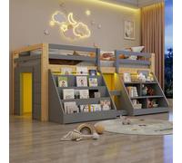 Sapgaks Lit mi Hauteur 90x200cm avec Bande Lumineuse LED,étagères Multiples,Balustrade,échelle,Bois de pin,lit cabane Enfants 90x 200,Cadre de lit Enfant avec sommier à Lattes (A-Gris+Naturel)