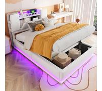 Sapgaks Lit rembourré avec éclairage LED,rangements USB,lit Coffre 90 x 200 avec Espace de Stockage hydraulique,Cadre de lit 1 Personne avec sommier à Lattes,Velours (Beige,90x200)