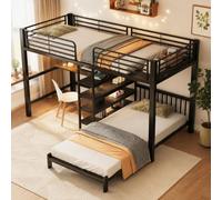 Sapgaks Lit superposé Enfant en Fer 90x200 cm,lit Mezzanine avec Bureau, Prise Double USB/Type-C,3 étagères,Cadre de lit Mezzanine 2 Places,Noir
