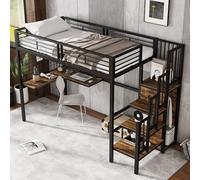 Sapgaks Lit superposé Enfants 90x200 avec Table et Armoire,lit cabane Enfants,lit Mezzanine 2 Places,lit Enfant avec Barriere,lit Mezzanine escalier avec Main Courante,Noir + Bois foncé