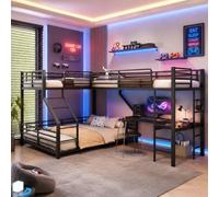 Sapgaks Lit superposé Triple en métal 90x200 cm + 140x200 cm,lit Mezzanine Enfant avec Bureau,Prise Double USB/Type-C,Cadre de lit Mezzanine 3 Places,Noir