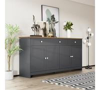 Sapgaks Moderne Buffet 160 × 37 × 75 cm, au Design Imitation Bois, AVCE 4 Portes et 3 tiroirs. Buffet latérale de Rangement Salon et la Salle à Manger, Tons Bois + Gris-Noir