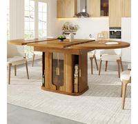 Sapgaks Table à Manger Extensible pour 4-6 Personnes,Table à Manger Ronde de Cuisine,Conception avec Porte vitrée, Manger Ovale Extensible,Couleur Noyer(118-158×118×77 cm)