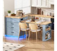 Sapgaks Table de Bar,Îlot de Cuisine sur roulettes,Table à Manger Extensible avec éclairage LED, Table de Cuisine avec multiprises, Sert d'îlot de Cuisine, de Buffet ou de Table de Bar (Bleu-2)