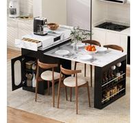 Sapgaks Table de Bar,Îlot de Cuisine sur roulettes,Table à Manger Extensible avec Plateau Rabattable,avec multiprises et Crochets,Sert d'îlot de Cuisine,de Buffet ou de Table de Bar (Noir-1)