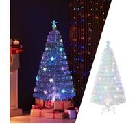 Sapin de Noël LED Blanc à Fibre Optique 150cm COSTWAY-Feuilles Irisées Flocon de Neige-24 Lumières Multicolores-Décoration Etoilée