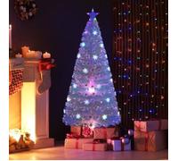Sapin de Noël LED Blanc à Fibre Optique 180cm COSTWAY-Feuilles Irisées Flocon de Neige-30 Lumières Multicolores-Décoration Etoilée