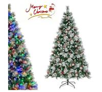 Sapin de Noël LED Lumineux 215cm COSTWAY avec 400 Lumières,11 Modes d'Eclairage 70 Pommes de Pin et 70 Baies Rouges 1116 Branches
