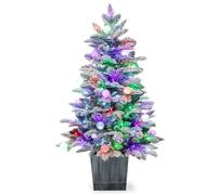 CostwaySapin de Noël Artificiel Pré-éclairé de 100cm en Pot Floqué de Neige 148 Pointes en PVC et PE 80 Lumières LED Colorées