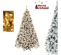 Sapin de Noël Lumineux LED 225CM COSTWAY-450 Lumières Blanc Chaud-1010 Branches PVC Floqué Neige-Socle en Métal-Décoration de Noël
