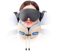 SARISUN Coussin de Voyage Avion avec Masque Sommeil 3D Neck Travel Pillow | Oreiller de Voyage avec Sangle, Tour de Cou Avion en Mousse à Mémoire de Forme pour Vols Longs et Voyages, Beige