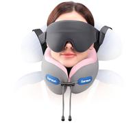 SARISUN Coussin de Voyage Avion avec Masque Sommeil 3D Travel Neck Pillow | Oreiller de Voyage avec Sangle, Tour de Cou Avion en Mousse à Mémoire de Forme pour Vols Longs et Voyages, Gris/Rose