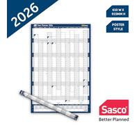 Sasco Agenda mural 2026 portrait avec stylo effaçable à l'eau et lot d'autocollants, bleu, style affiche, 610 x 915 mm