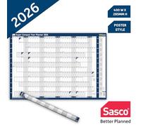 Sasco Planificateur mural 2026 super compact avec stylo effaçable à l'eau et lot d'autocollants, style affiche bleue, 400 mm x 285 mm (l x H)