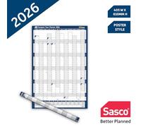Sasco Planificateur mural annuel 2026 format portrait avec stylo effaçable à l'eau et lot d'autocollants, bleu, style affiche, 405 x 610 mm (l x H)