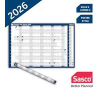Sasco Planificateur mural compact 2026 avec stylo effaçable à l'eau et lot d'autocollants, bleu, style affiche, 610 mm x 405 mm (l x H)