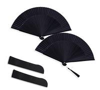 Satificer 2 Pièces Éventail Pliable en Bambou Soie Noir Ventilateur Chinois Oriental à Main en Tissu pour Danse, Fête, Cadeaux de Mariage