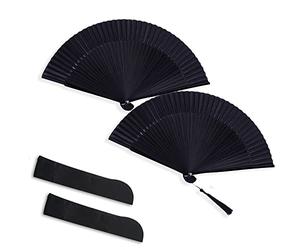 Satificer 2 Pièces Éventail Pliable en Bambou Soie Noir Ventilateur Chinois Oriental à Main en Tissu pour Danse, Fête, Cadeaux de Mariage