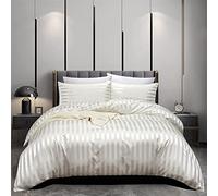 Satin Housse de Couette 140x200 Blanc Beige Rayures Parure de lit Satinée Unie Soie Lisse Soyeux Brillant Linge de Lit 1 personne Ensemble Literie avec Fermeture éclair et 1x 65x65cm Taie d'oreiller
