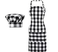 SATINIOR 2 Pièces Toque et Tabliers de Chef de Noël Tablier Vichy Rayé à Carreaux Tablier de Cuisson en Tissu pour Vacances de Noël (Blanc et Noir)