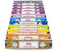 Satya - Ensemble de bâtons d'encens 12 x 15 grammes Comprend : Nag, Super Hit, Oodh, Positive Vibes, Namaste, Champa, Opium, Reiki, Guérison spirituelle, Karma, Ayurveda traditionnel et Méditation