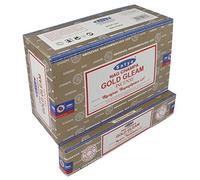 SATYA Nag Champa Gold Gleam Agarbatti | Bâtons d'encens Masala roulés à la main | 12 paquets de 15 g chacun dans une boîte | Produit de qualité