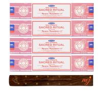 Satya Nag Champa Lot de 4 paquets de bâtons d'encens Sacred Ritual avec porte-encens, pour l'aromathérapie, le spa, le yoga, les mariages, la méditation, la guérison, la positivité et la relaxation