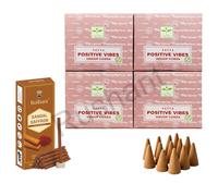 Satya Positive Vibes Dhoop Cônes avec support, 4 paquets x 12 (48 cônes au total) + bâtonnets Rushant Sandal Safran Dhoop (10) - Ensemble d'encens pour la relaxation et la méditation