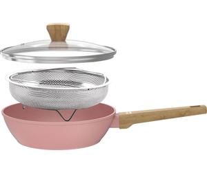 Sauteuse Arthur Martin AM0333, Ø 24 cm, Revêtement Céramique, Tous Feux dont Induction, Avec Couvercle et Panier Inox, Rose
