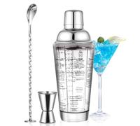 SAVORLIVING Ensemble de gobelets à Cocktail en Verre de 14 oz, Mélangeur à Margarita avec passoire, Jigger et cuillère à mesurer, Set de Bar Professionnel pour Barman et débutants (l'argent, 3pcs)